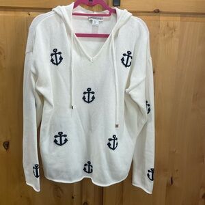 Rachel Zoe White with navy Anchor design Long Sleeve Hoodie